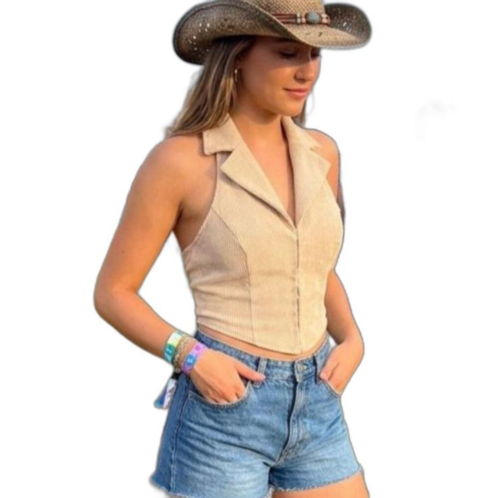 NWT Corduroy Collared Vest Crop Top Small Backless Country Festival Rodeo Boho
